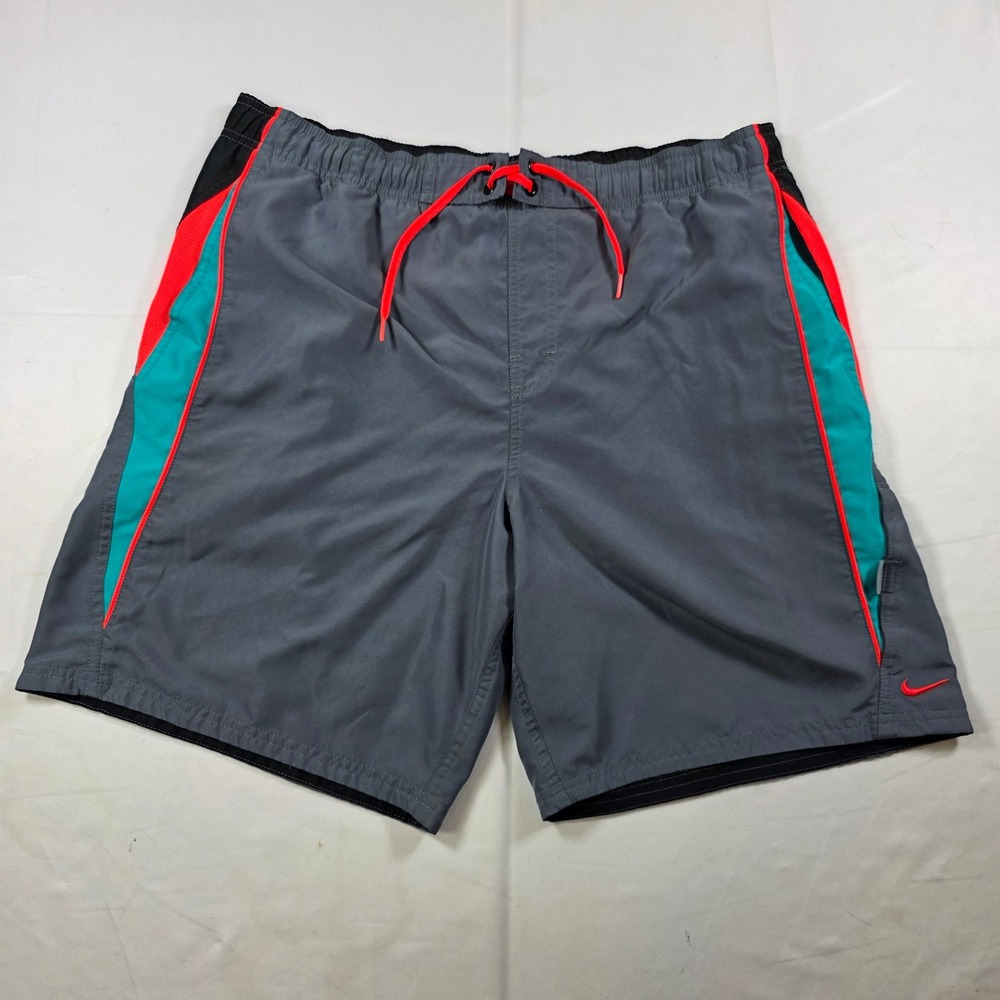 Nike Mens Grey Red Teal Colorblock Swim Trunks Mesh Lined Size L
